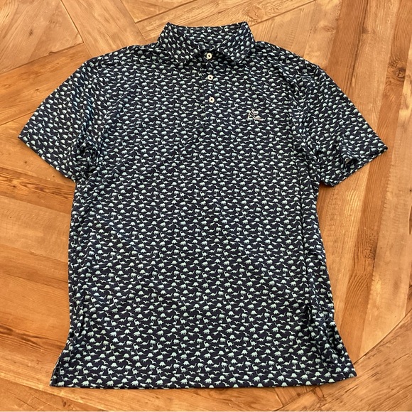 Rhoback Men’s Performance Polo Dinosaur Print Navy Blue Sz M Stretch Golf Shirt